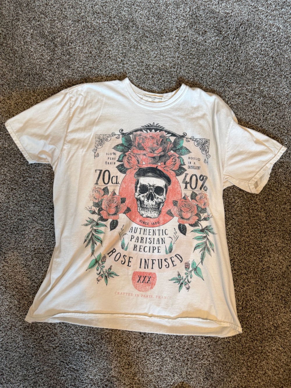 Project Social T White Tee with Red Roses and Green Leaves Skull Graphic
